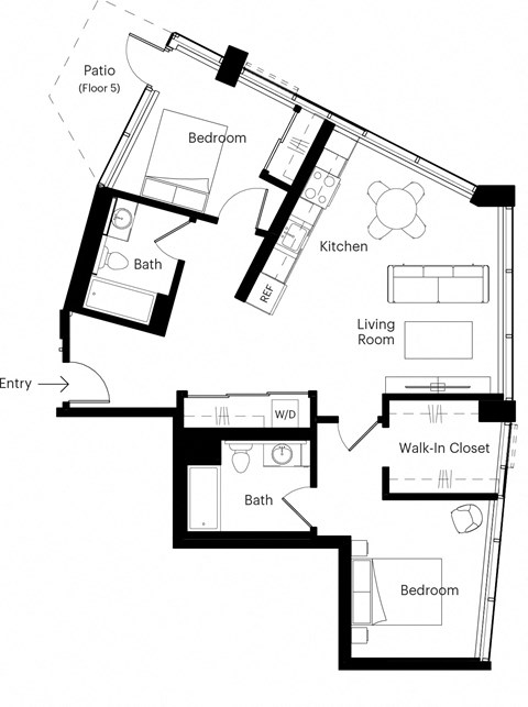 Floor plan for 2 beds, 2 baths, 965 sqft